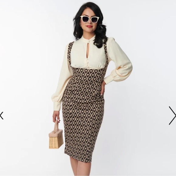 Unique Vintage Dresses & Skirts - Unique Vintage Brown Argyle Hearts Fontaine Suspender Pencil Skirt